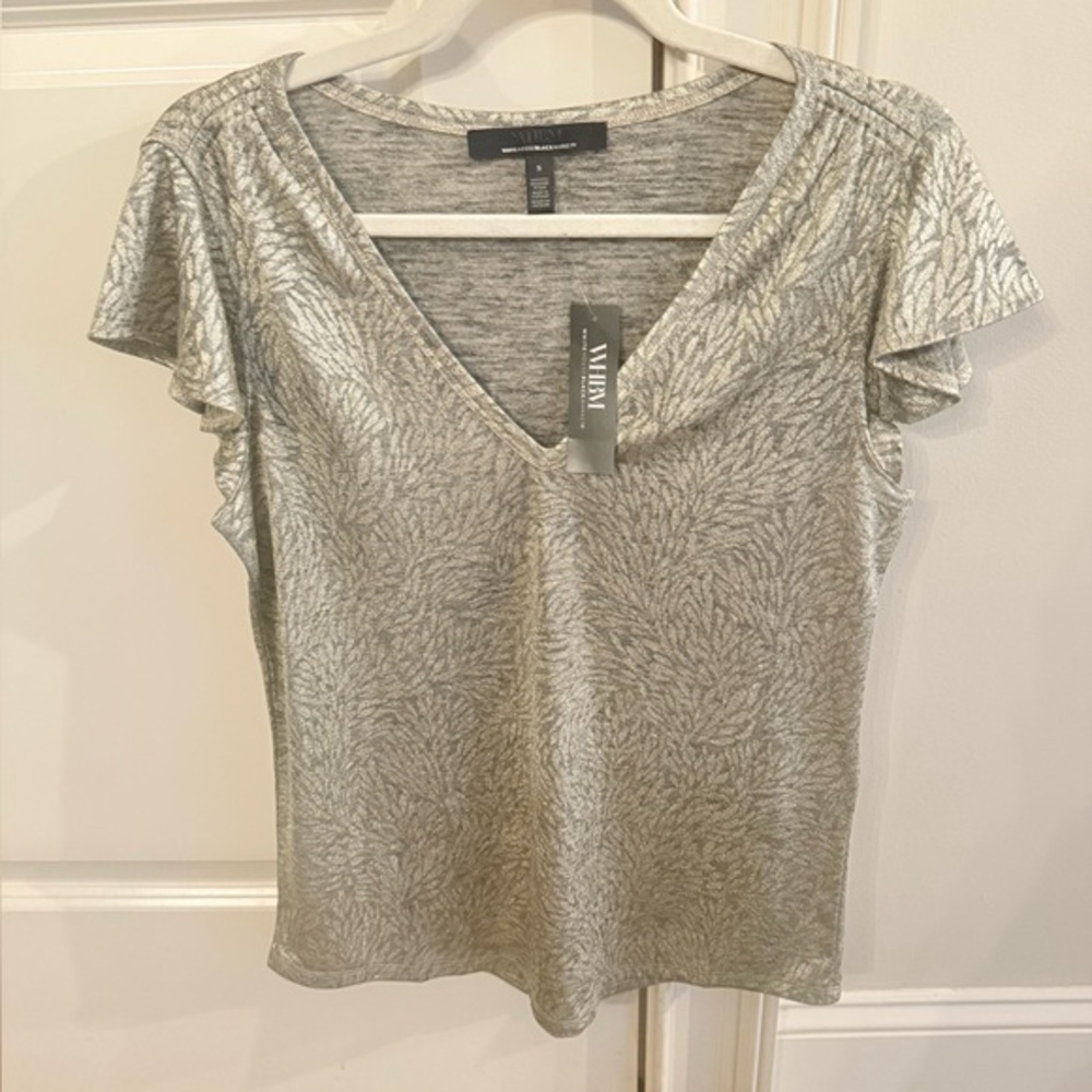 NWT White House Black Market Gold Pattern V-Neck Women's Top Size Small